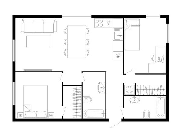 Apartment floor plan. Two bedroom apartment. Vector architecture plan of condominium, flat, house. Interior design elements kitchen, bedroom, bathroom furniture. 2D 2 bedroom apartment floor plan.