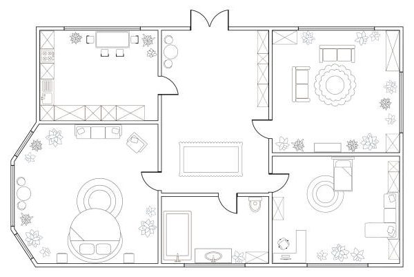 Abstract vector plan of two-bedroom apartment, with kitchen, bathroom,  bedroom, living room, dining room, library. EPS8
