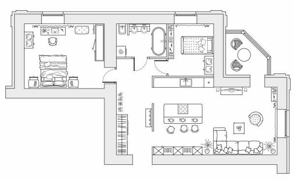 Floor plan from above. Planning of the apartment with arrangement furniture. Architectural drawing of the house (top view). Interior design. Vector layout